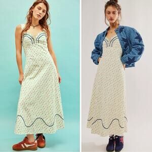 Free People Dainty Western Prairie Sweet Hearts Midi Dress in Ivory Combo Medium